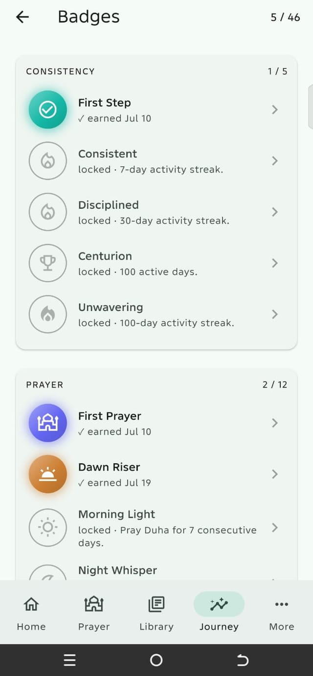 Tahwil badges — milestones for consistency and prayer