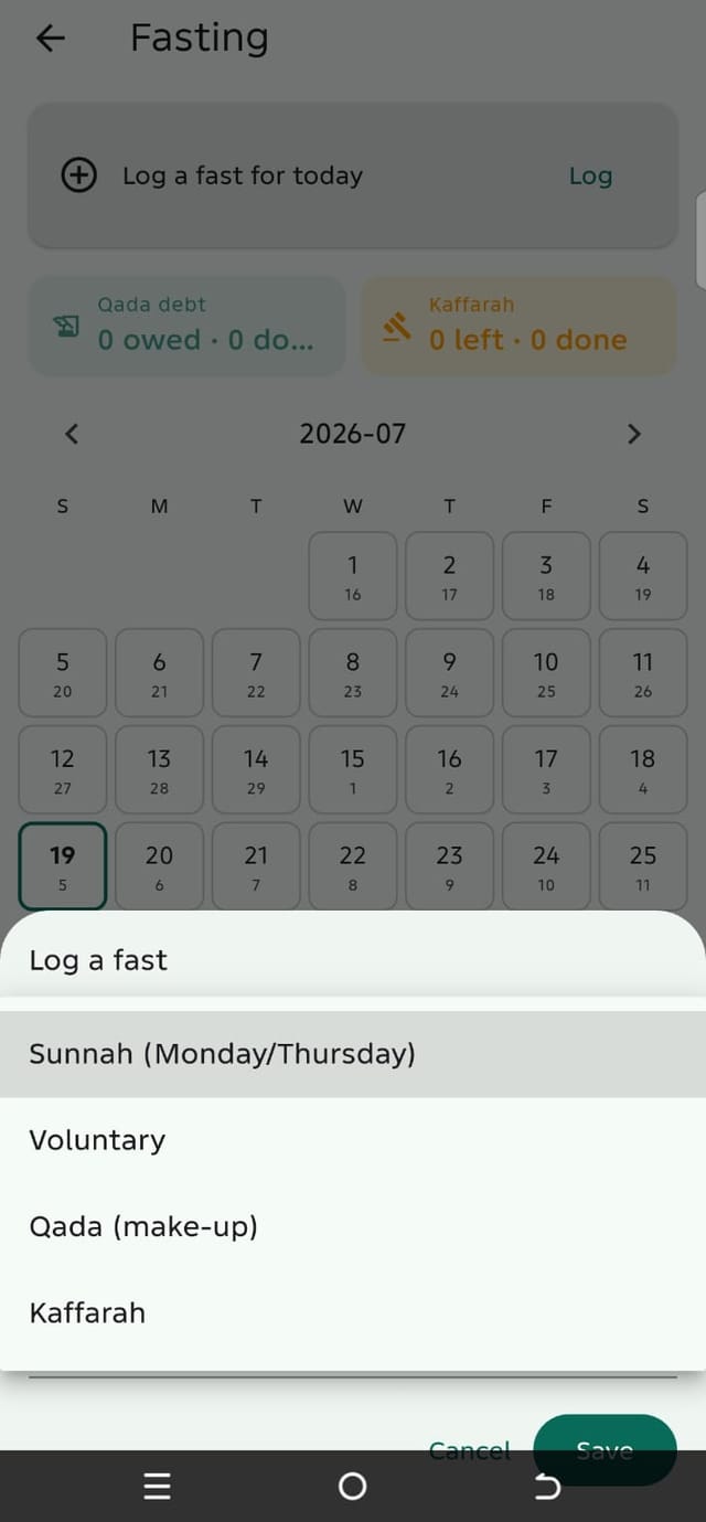Tahwil fasting tracker — Sunnah, qada, and kaffarah