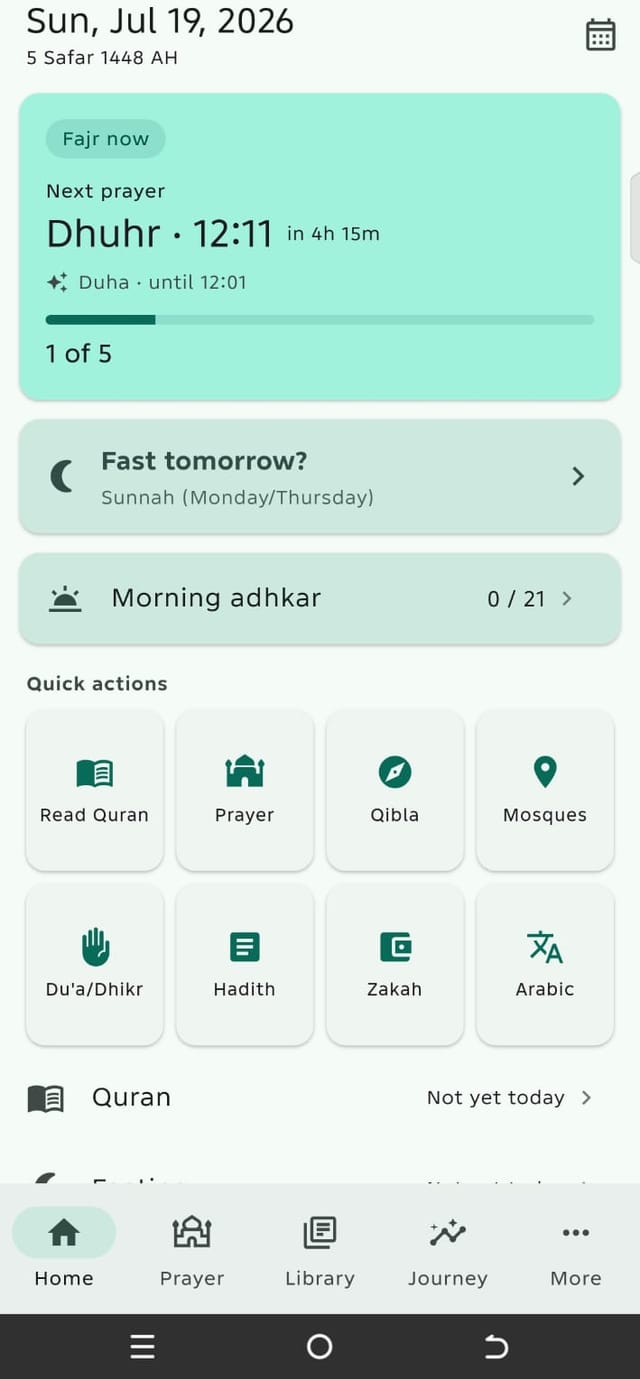 Tahwil home screen — today's date, next prayer, and quick actions