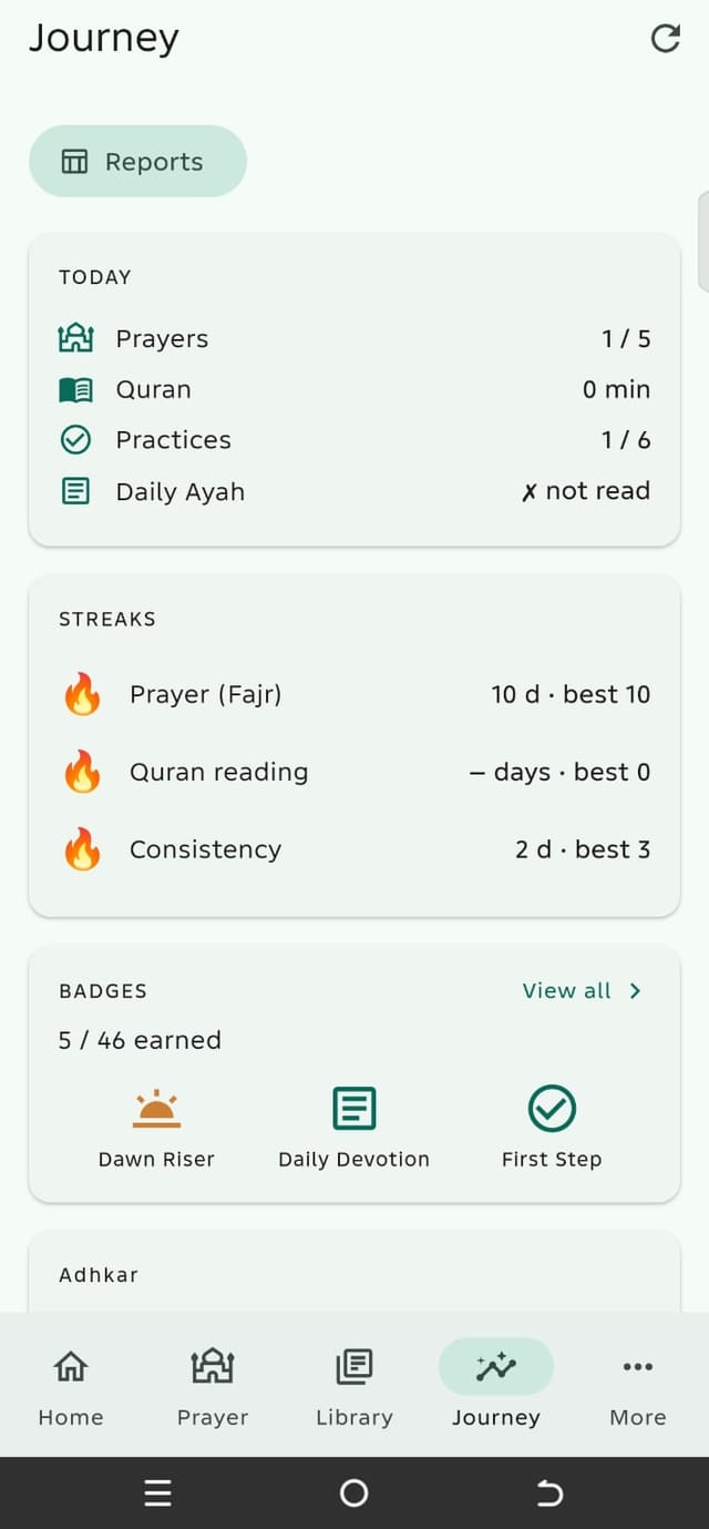 Tahwil journey — streaks, weekly progress, and badges